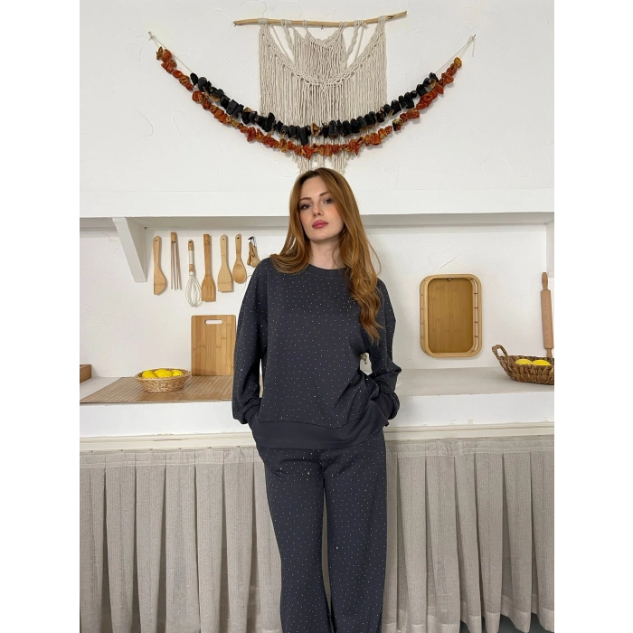 Taş Detaylı Modal Işıltılı Takım Antrasit