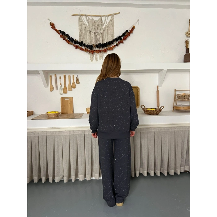 Taş Detaylı Modal Işıltılı Takım Antrasit