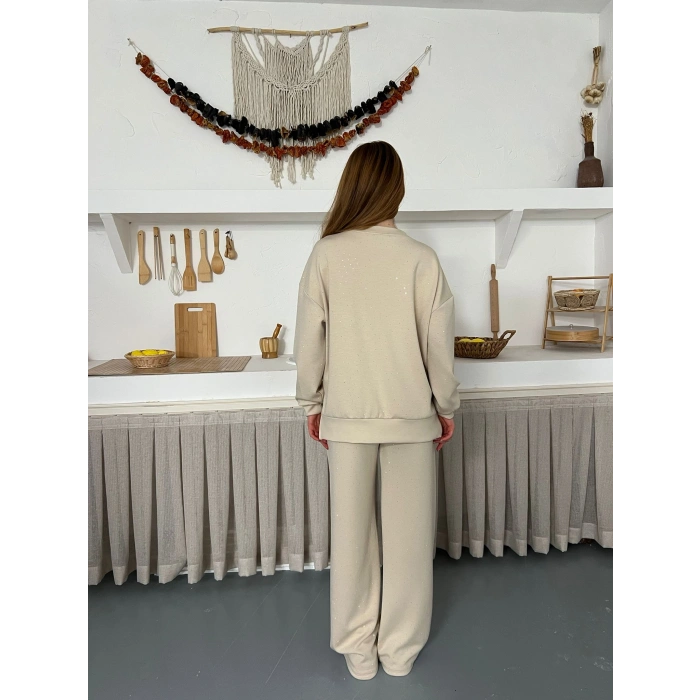 Taş Detaylı Modal Işıltılı Takım Bej