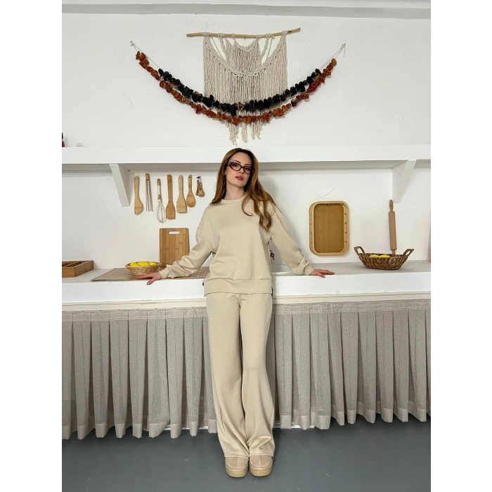 Taş Detaylı Modal Işıltılı Takım Bej