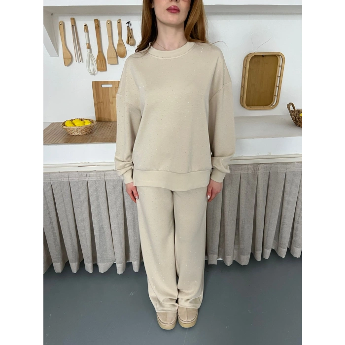 Taş Detaylı Modal Işıltılı Takım Bej