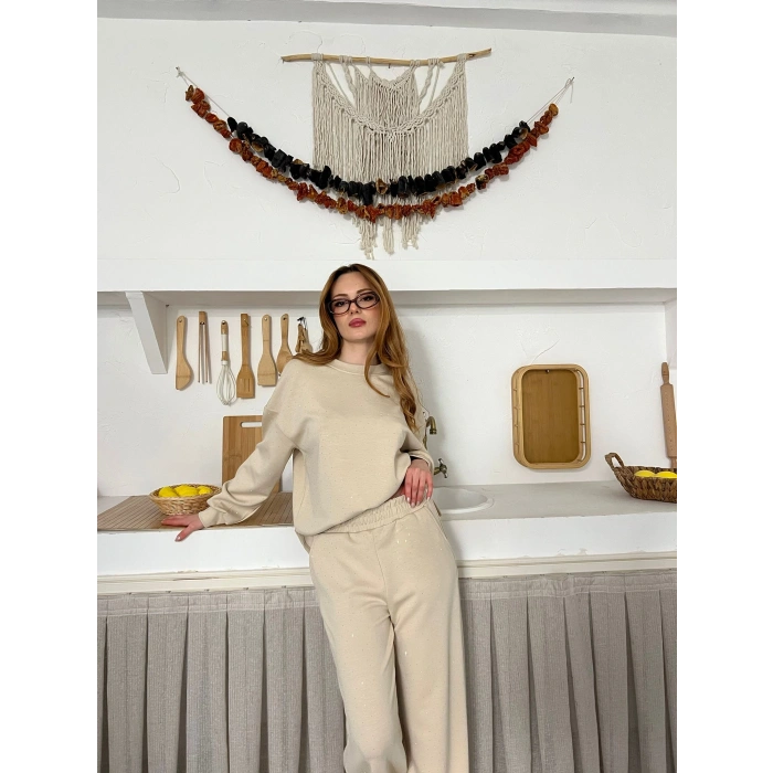 Taş Detaylı Modal Işıltılı Takım Bej