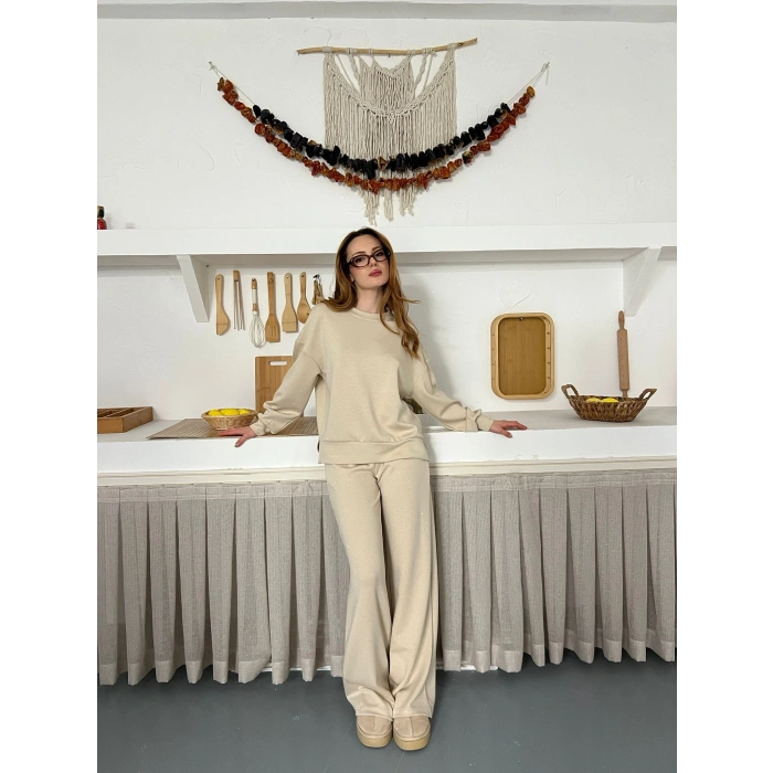 Taş Detaylı Modal Işıltılı Takım Bej