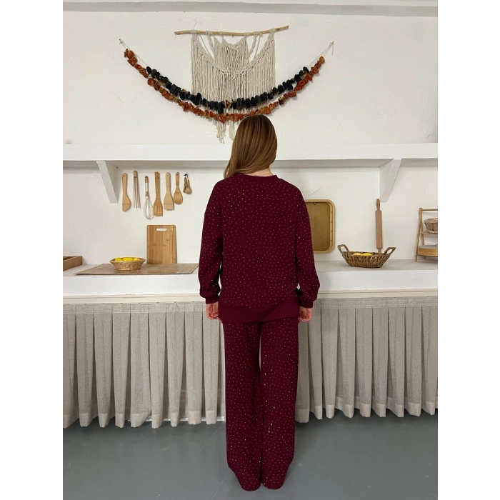 Taş Detaylı Modal Işıltılı Takım Bordo