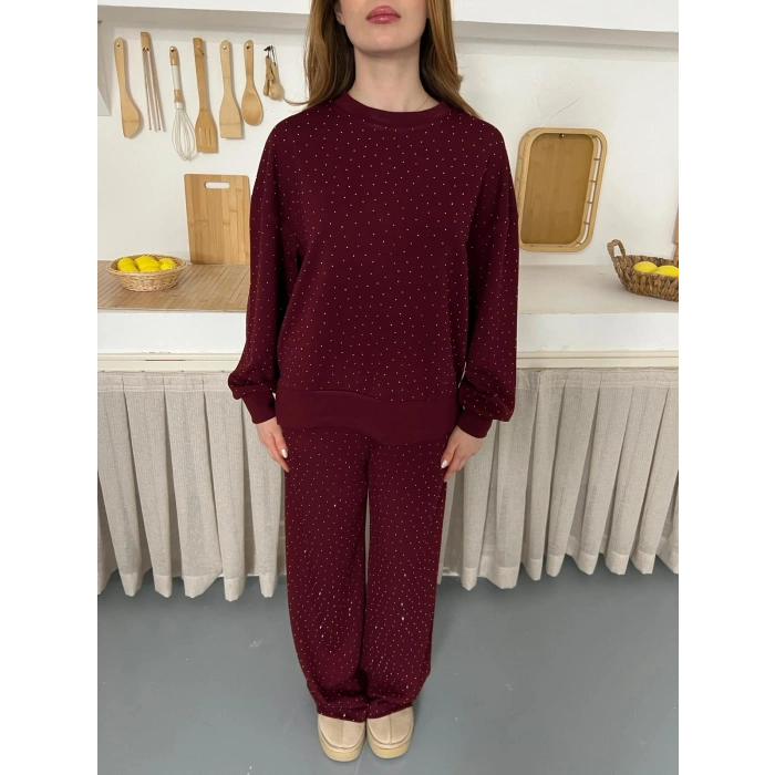 Taş Detaylı Modal Işıltılı Takım Bordo