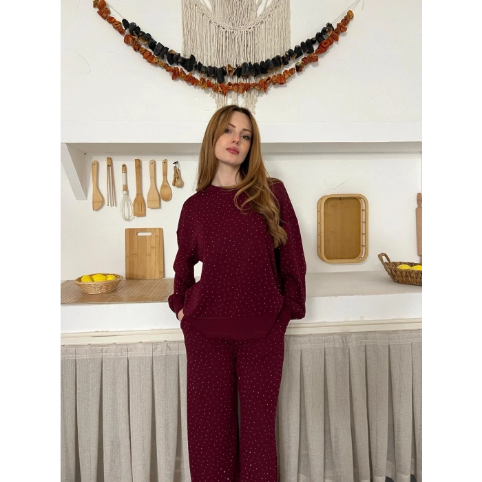 Taş Detaylı Modal Işıltılı Takım Bordo