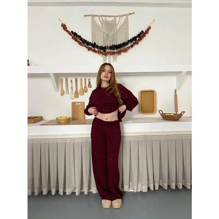 Taş Detaylı Modal Işıltılı Takım Bordo