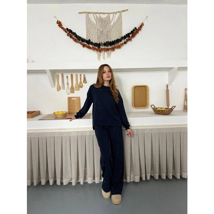 Taş Detaylı Modal Işıltılı Takım Lacivert