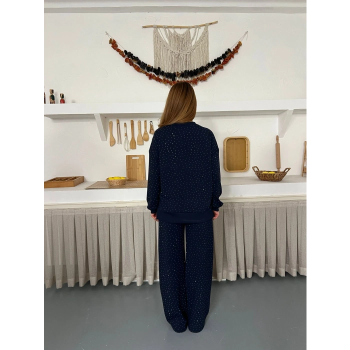 Taş Detaylı Modal Işıltılı Takım Lacivert