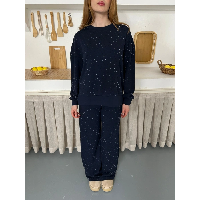 Taş Detaylı Modal Işıltılı Takım Lacivert