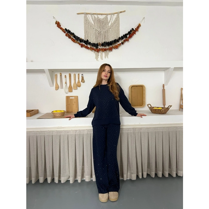 Taş Detaylı Modal Işıltılı Takım Lacivert