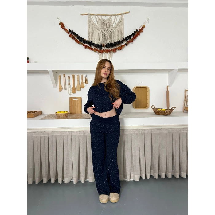 Taş Detaylı Modal Işıltılı Takım Lacivert