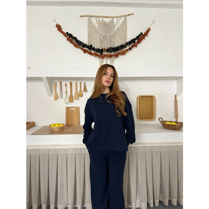 Taş Detaylı Modal Işıltılı Takım Lacivert