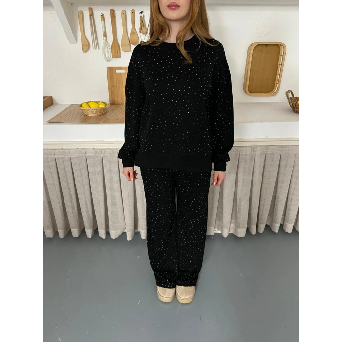 Taş Detaylı Modal Işıltılı Takım Siyah