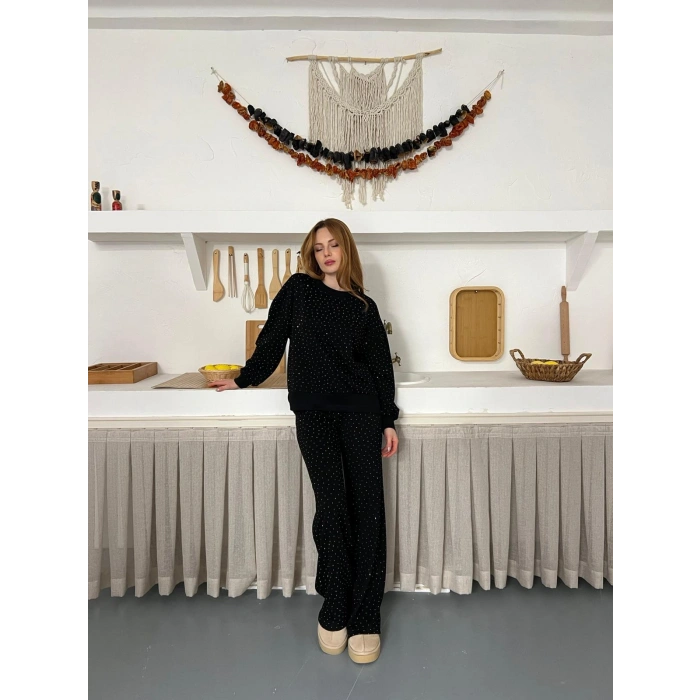 Taş Detaylı Modal Işıltılı Takım Siyah