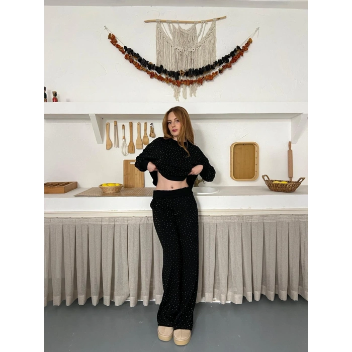 Taş Detaylı Modal Işıltılı Takım Siyah