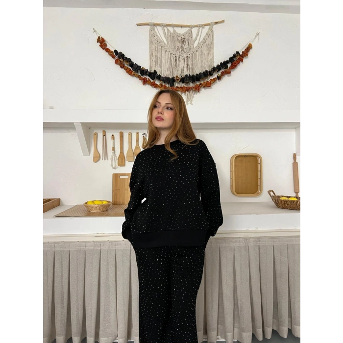 Taş Detaylı Modal Işıltılı Takım Siyah