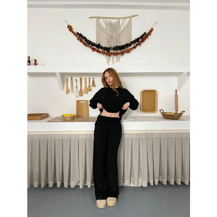 Taş Detaylı Modal Işıltılı Takım Siyah