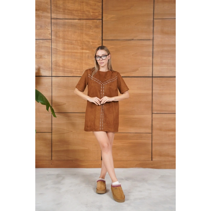 Taş Detaylı Nubuk Viral Elbise Taba