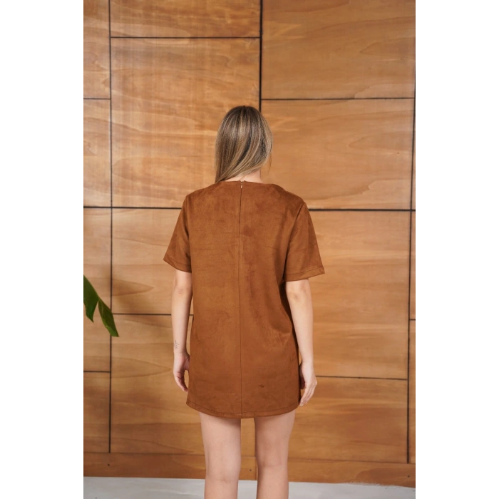 Taş Detaylı Nubuk Viral Elbise Taba