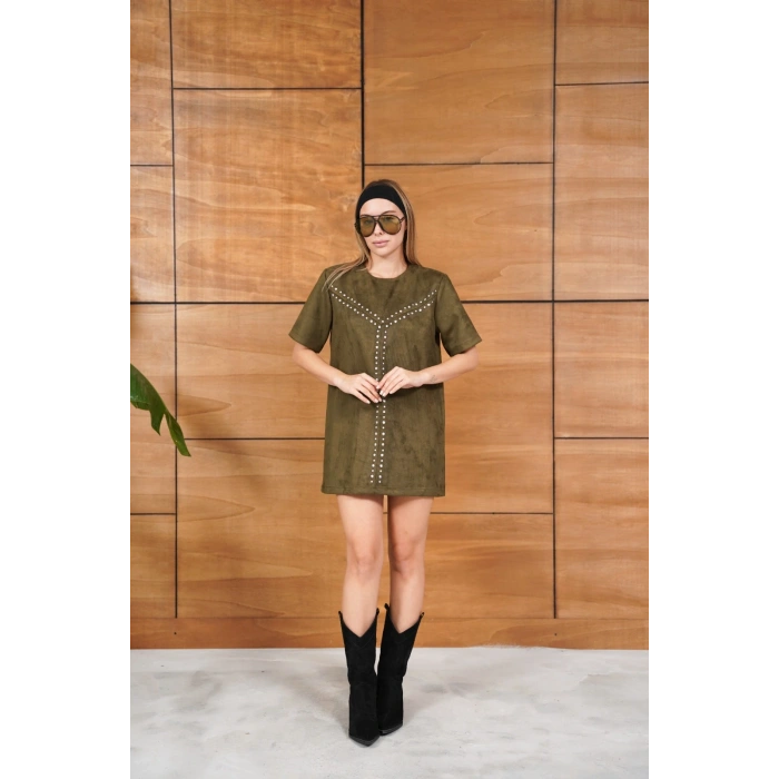 Taş Detaylı Nubuk Viral Elbise Yeşil