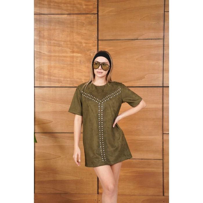 Taş Detaylı Nubuk Viral Elbise Yeşil