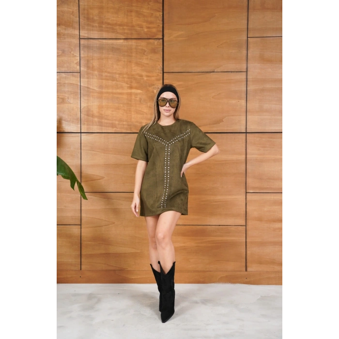 Taş Detaylı Nubuk Viral Elbise Yeşil
