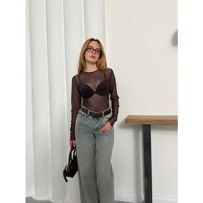 Taş Detaylı Transparan Şık Bluz Acı Kahve