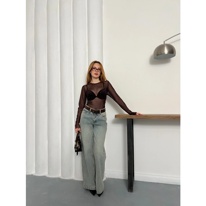 Taş Detaylı Transparan Şık Bluz Acı Kahve