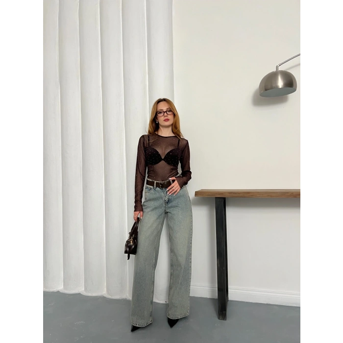 Taş Detaylı Transparan Şık Bluz Acı Kahve