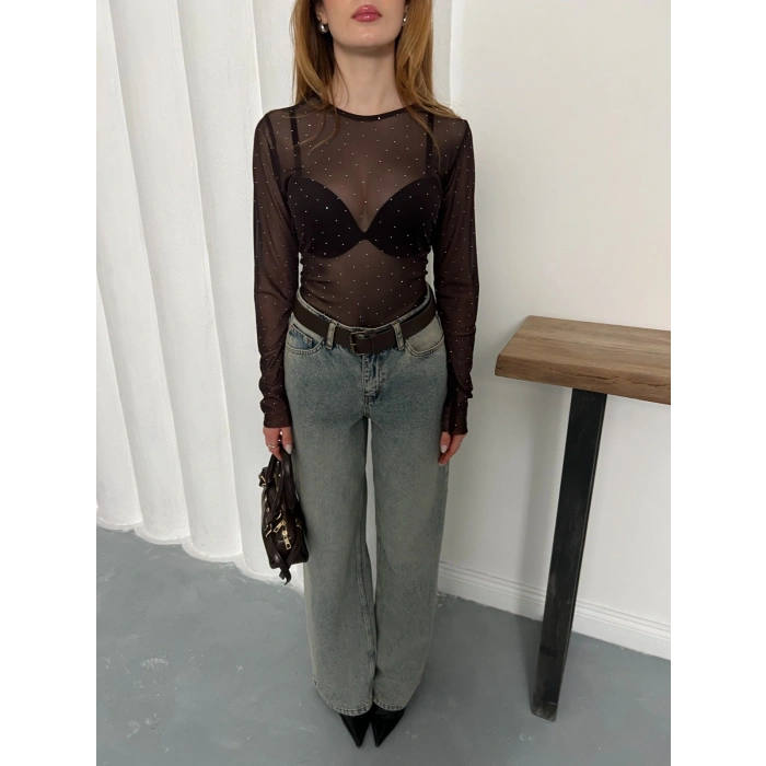 Taş Detaylı Transparan Şık Bluz Acı Kahve