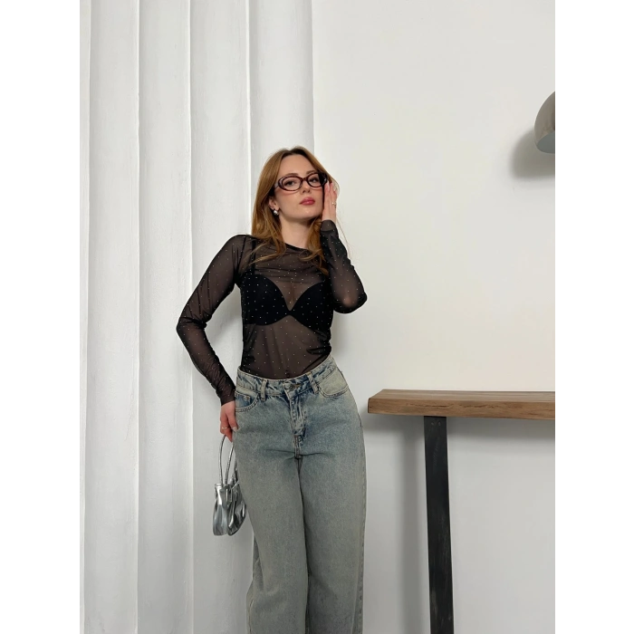 Taş Detaylı Transparan Şık Bluz Siyah