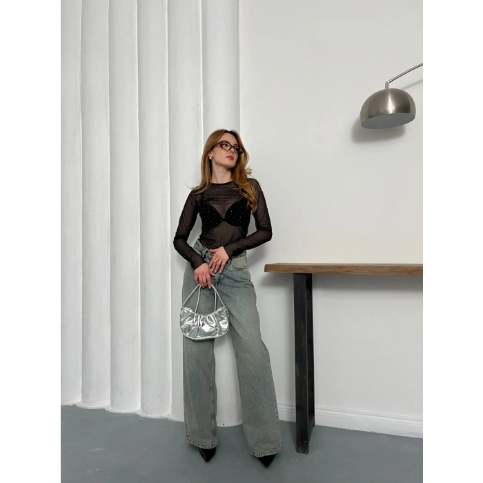 Taş Detaylı Transparan Şık Bluz Siyah