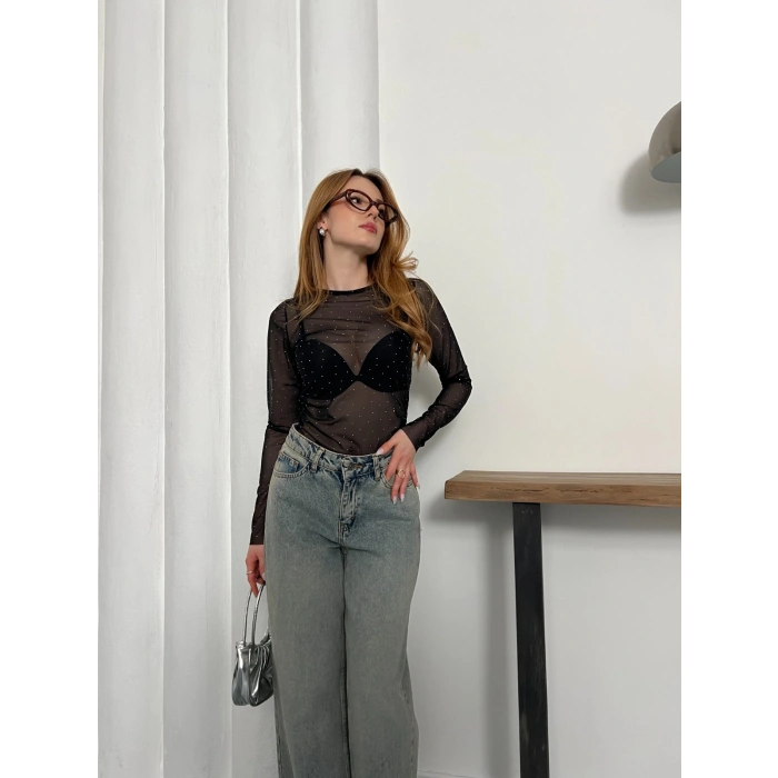 Taş Detaylı Transparan Şık Bluz Siyah