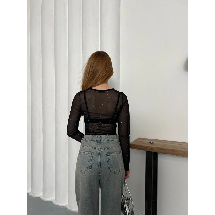 Taş Detaylı Transparan Şık Bluz Siyah