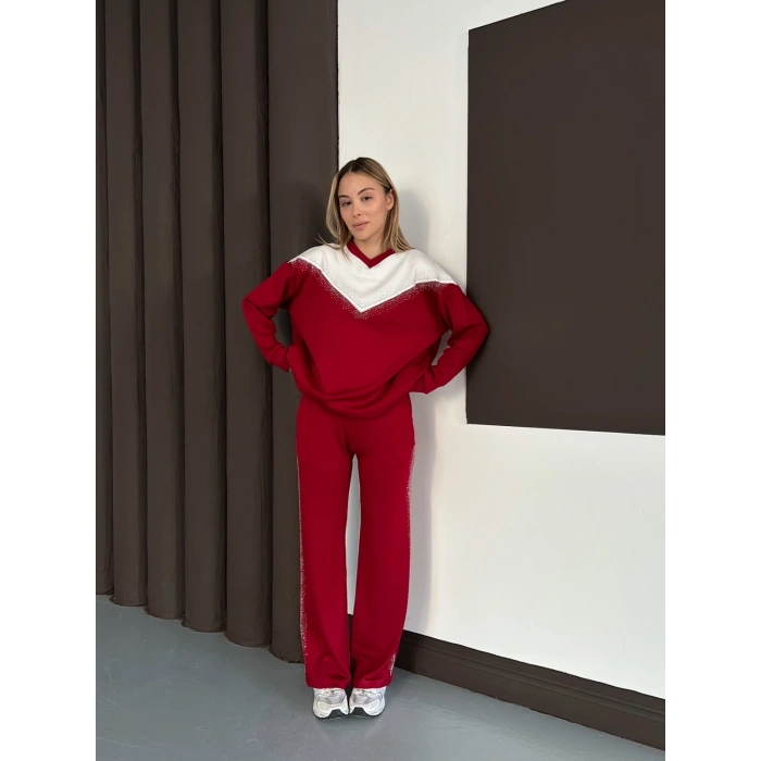 Taş Detaylı V Yaka Pantolonlu Takım Bordo