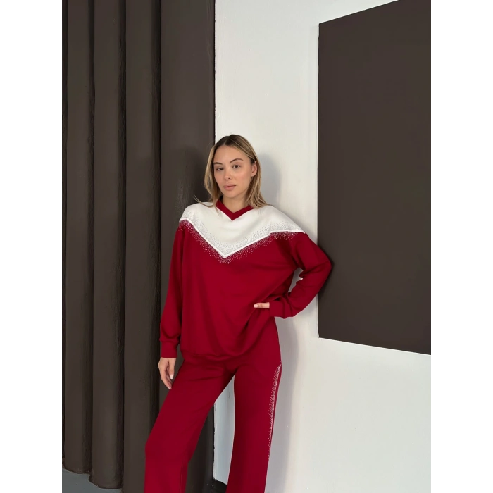 Taş Detaylı V Yaka Pantolonlu Takım Bordo