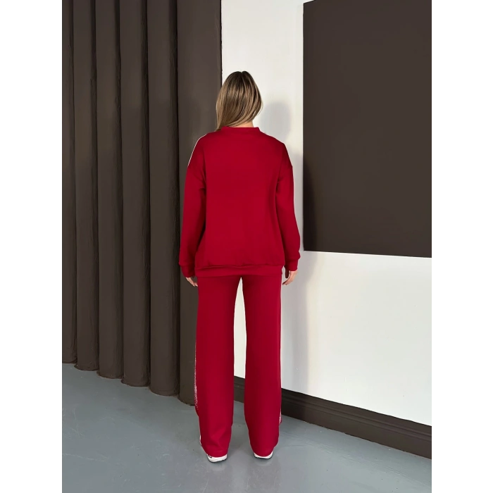 Taş Detaylı V Yaka Pantolonlu Takım Bordo