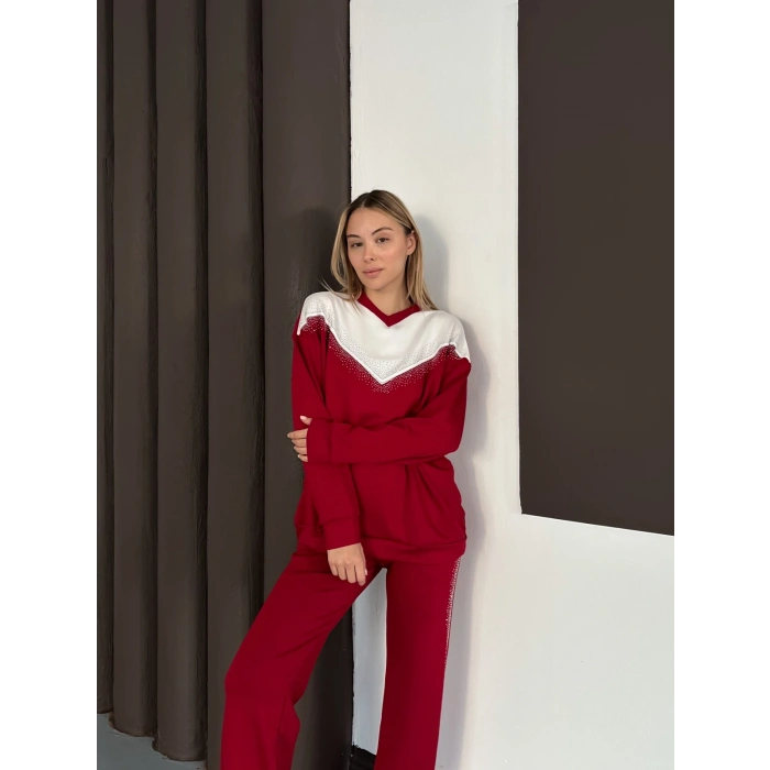 Taş Detaylı V Yaka Pantolonlu Takım Bordo