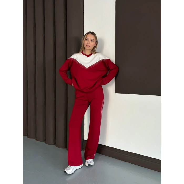 Taş Detaylı V Yaka Pantolonlu Takım Bordo
