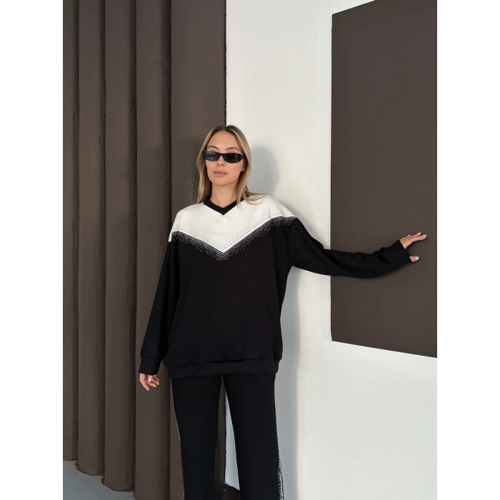 Taş Detaylı V Yaka Pantolonlu Takım Siyah