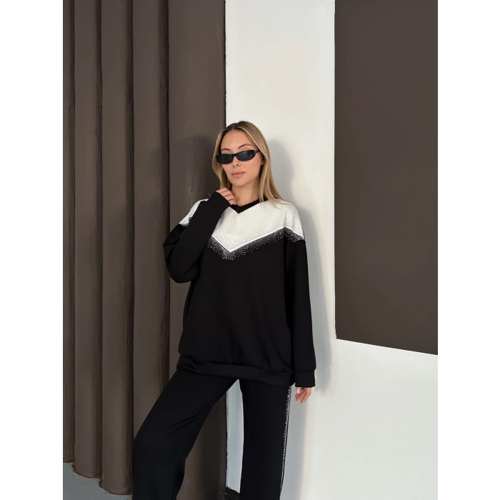 Taş Detaylı V Yaka Pantolonlu Takım Siyah