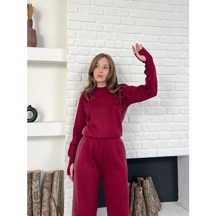 Taş/Işıltı İşlemeli Cool Casual Takım Bordo