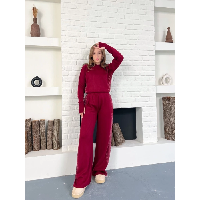 Taş/Işıltı İşlemeli Cool Casual Takım Bordo