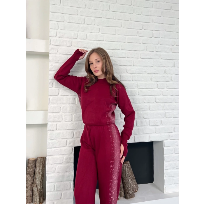 Taş/Işıltı İşlemeli Cool Casual Takım Bordo