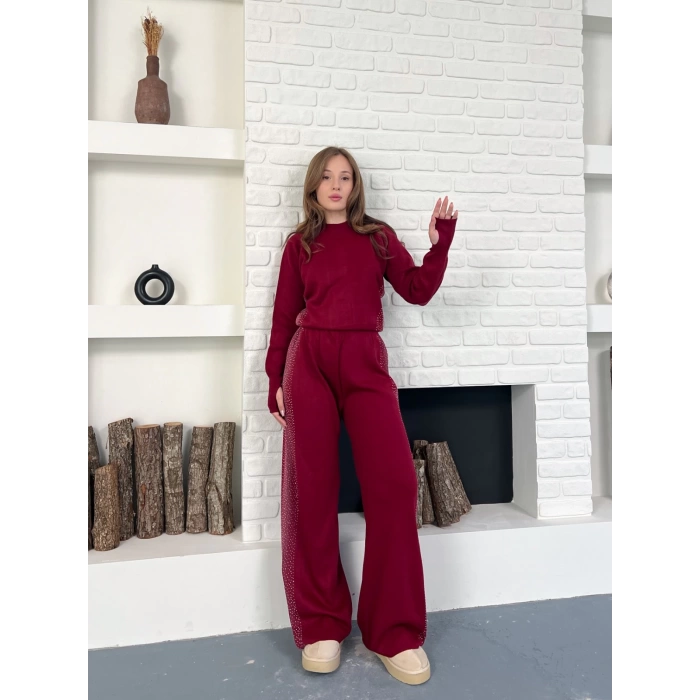 Taş/Işıltı İşlemeli Cool Casual Takım Bordo