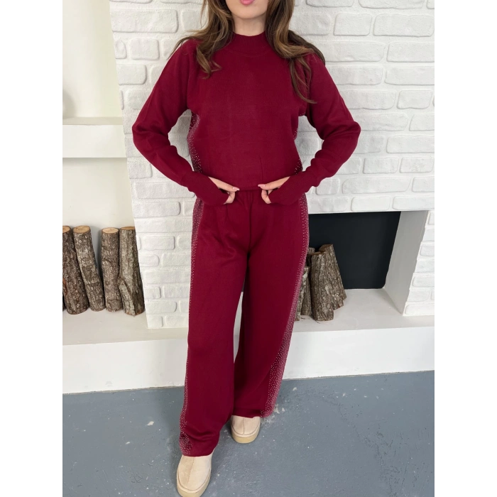 Taş/Işıltı İşlemeli Cool Casual Takım Bordo