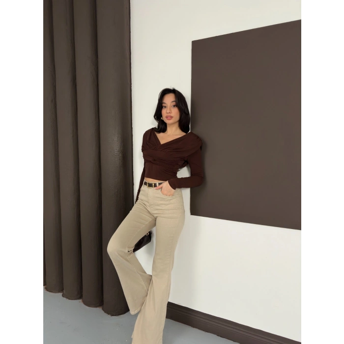 Tasarım Uzun Kol Linda Bluz Acı Kahve