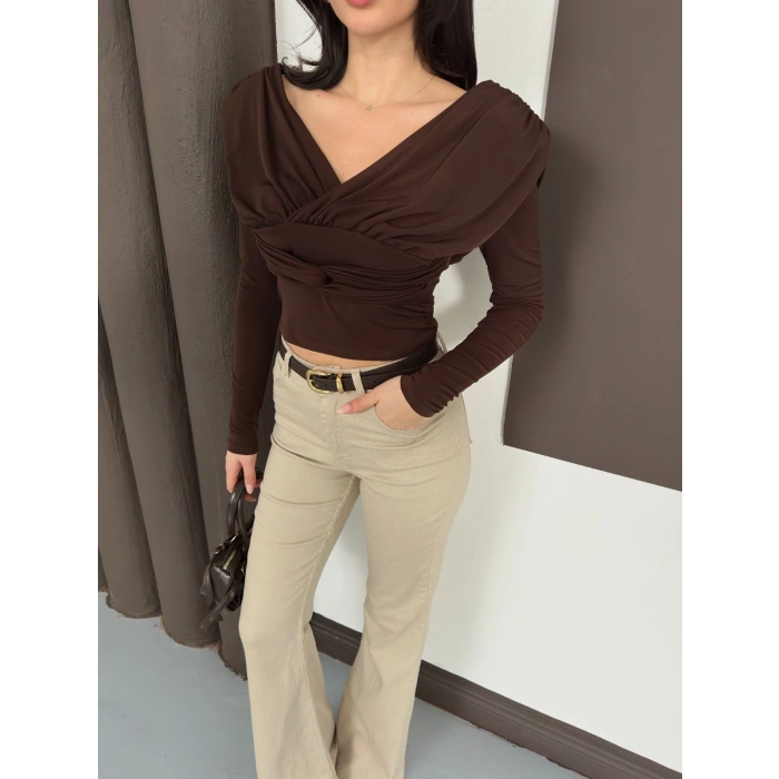 Tasarım Uzun Kol Linda Bluz Acı Kahve