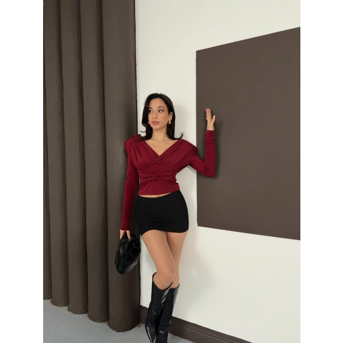 Tasarım Uzun Kol Linda Bluz Bordo